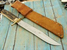BIG ANTIQUE CUSTOM MOUNTAIN MAN STAG COMBAT BOWIE KNIFE & SHEATH HUNTING KNIVES picture