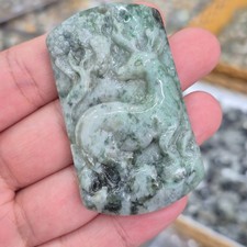 Jade Pendant Deer Carved Natural Jadeite Moss in Snow Green White Amulet 60x30mm picture