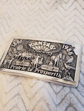 VTG 1986 Sterling Silver KANSAS 150th Anni Prairie Prosperity Cowboy Belt Buckle picture