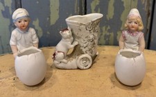 3 Vtg/Antique Miniature Bisque Toothpick ? Holders Boy Girl Cracked Egg Cat picture