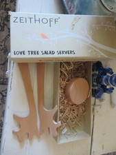 Vintage ZeitHoff Love Tree Salad Servers NIP Never Used Wood 3 pc. Salad Servers picture