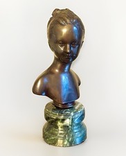 Antique French Bronze Bust Female Girl Green Marble Base picture