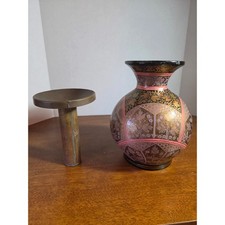 Vintage Kashmiri Papier Mache Vase Hand Painted Floral Gold Pink Brass Insert picture