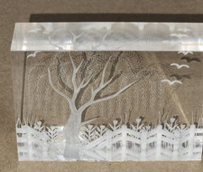 Vintage Etched Acrylic Lucite Block Art Willow Tree with Fence Tulips and Birds picture