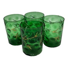 4 Vtg MCM Emerald Green Glass Tumblers Gilt Embossed Grapes Reverse Hobnail picture