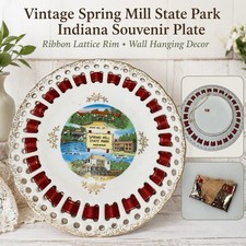 Vintage Spring Mill State Park Indiana Souvenir Plate Ribbon Gold Trim picture