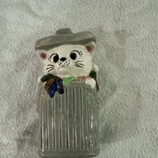 Vintage Ceramaster Kitty Cat in Trash Can Ceramic Coin Piggy Bank Japan picture