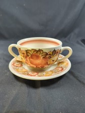 Wioclewek Ceramic Faience Earthware Teacup Saucer Brown Flowers Crazing Poland picture