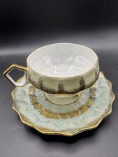 Vintage Royal Halsey Teacup Saucer Set Footed Iridescent Lusterware Green Gold picture