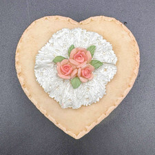 Vintage Heart-Shaped Floral Trinket Box w/ Lid Intricate Pink Roses w/Lace Trim picture