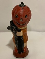 Vintage Chalkware Halloween Figurine Pumpkin with Cat picture