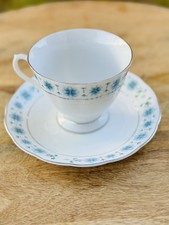 Retro Floral Cup And Saucer Demi Blue Flowers Platinum Trim China 1960’s Mid picture