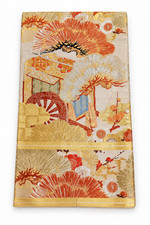 Antique Japanese Maru Obi Gold Brocade Pine Carriage Unused Basting Thread picture