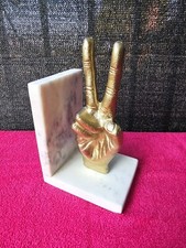 Bookend Peace Sign Sculpture Hand Symbol Iron & Marble Gold & White Book Holder picture