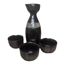 Sake Decanter 3 Cups Traditional Serving Pottery Tianmu Vintage picture
