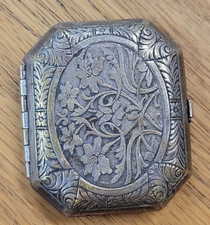 Antique Silver Plated Compact Art Nouveau 1920s Edwardian Karess Woodworth Vtg picture