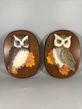 Set Of 2 Vintage Homco 3D Owl Ceramic Wall Plaque on Wood Oval Base - 1970s MCM picture