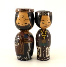 Japanese Kokeshi Doll Pair Man & Woman Hand Painted Wood Bobbling Heads 3