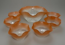 VINTAGE MCM RETRO Orange Ruffle Glass BOWL Salad Set 7 pieces Rare picture