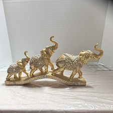 Gold Tone Metal Elephant Family Trio Figurine Decorative Statue on Base picture