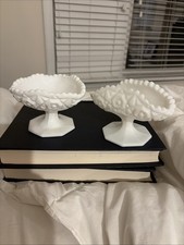 Set Of 2 Kemple Hobstar Vintage Milk Glass Footed Compote  picture