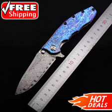 Damascus TC4 Titanium Alloy Anodized Blue Handle Outdoor Camping EDC Pocketknife picture