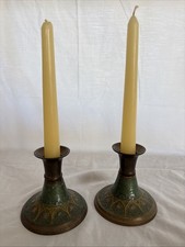 Vintage Solid Brass Candle Holders Pair Hand Painted Floral India Boho Decor MCM picture