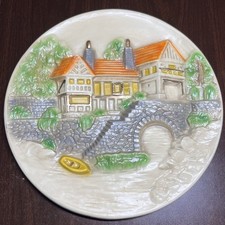 Vintage Chalkware Cottage Village Wall Plaque 11.5