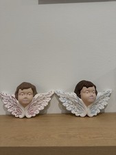 Vintage 1997 Scioto Ceramic Cherub Angel Face Wall Plaque Pocket Set Pair 90s⁠ picture