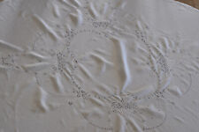 Vintage White Linen Tablecloth MADEIRA Embroidered Basket of Flowers 75