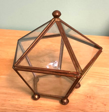 Vintage MCM Glass And Brass Pentagon Jewelry & Trinket Box, terrarium style picture