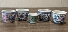 Vintage Mini Variety Chinoiserie Style Asian Porcelain Planter Pots Set Of 5 picture