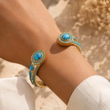 Elegance 18K Yellow Gold Over Cuff Bangle Bracelet with Turquoise 7.5