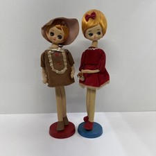 (2) Vintage 1960's Posable Doll Big Eyes Shift Dress Brown/Red Japan 17