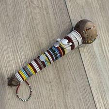 VTG African Tribal Knobkerrie Maasai Rungu Beaded Swag Stick Wood 9”L 2.5”W Top picture