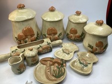 VTG Arnels 15pc Ceramic Mushroom Set jars,spoon cream Sugar ashtray napkin (Gx) picture