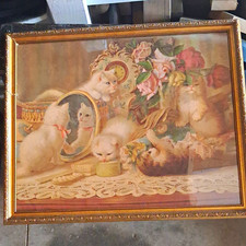 Signed H.C. Pilut Framed Cat Art Print with Kittens & Mirror, Ornate Frame picture