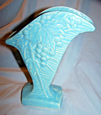 Vintage Unmarked 1940s McCoy Blue Rustic Line Vase-Grapes, Leaves-8 Inches picture