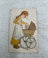 Vintage 70's Linda K Powell LKP Current Blank Card Girl Pushing Cat Stroller picture