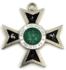 Vintage Japan Saint Christopher Surfer Maltese Cross Green Enamel Medal Pendant picture