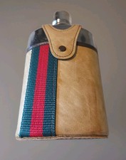 Vintage Unmarked Gucci Style Glass Flask Tan Leather Case Green Red Stripe 1970s picture