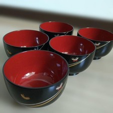Aizu Lacquerware Bowls Set of 5 Butterfly Design Gold Silver Line Collectible picture