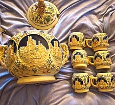 German Castle Theme Lidded Beer Stein 0.3L Ceramic Embossed Painted Beige picture