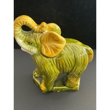 Ceramic Figurine Green Vintage Elephant Trunk Up Glazed Pottery Sm Collectible picture