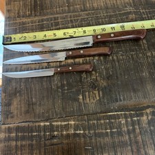 Vtg Flint Stainless Arrowhead Vanadium 14”, 10.5”, 8.5” Serrated Knife Wood Hand picture
