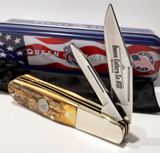 Queen USA Real Stag Bone Handle 2 Blade Barlow Folding Pocket Knife QGSH281 EDC picture
