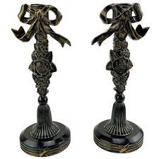 Vintage Ornate Candle Holders Set of 2 Bow Floral Black Gilt Candlesticks 10