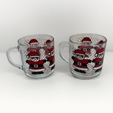 Luminarc Santa Claus Glass Mugs Set of 2 Vintage Christmas Holiday Cocoa Italy picture