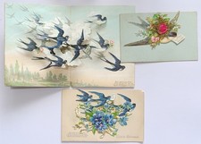 3 Antique Victorian Greetings Cards 3D & Pop Up Swallows Birds New Year Wishes picture