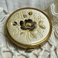 Vintage 50s Convertible Embroidered Floral Brass Compact Margaret Rose Mirror  picture